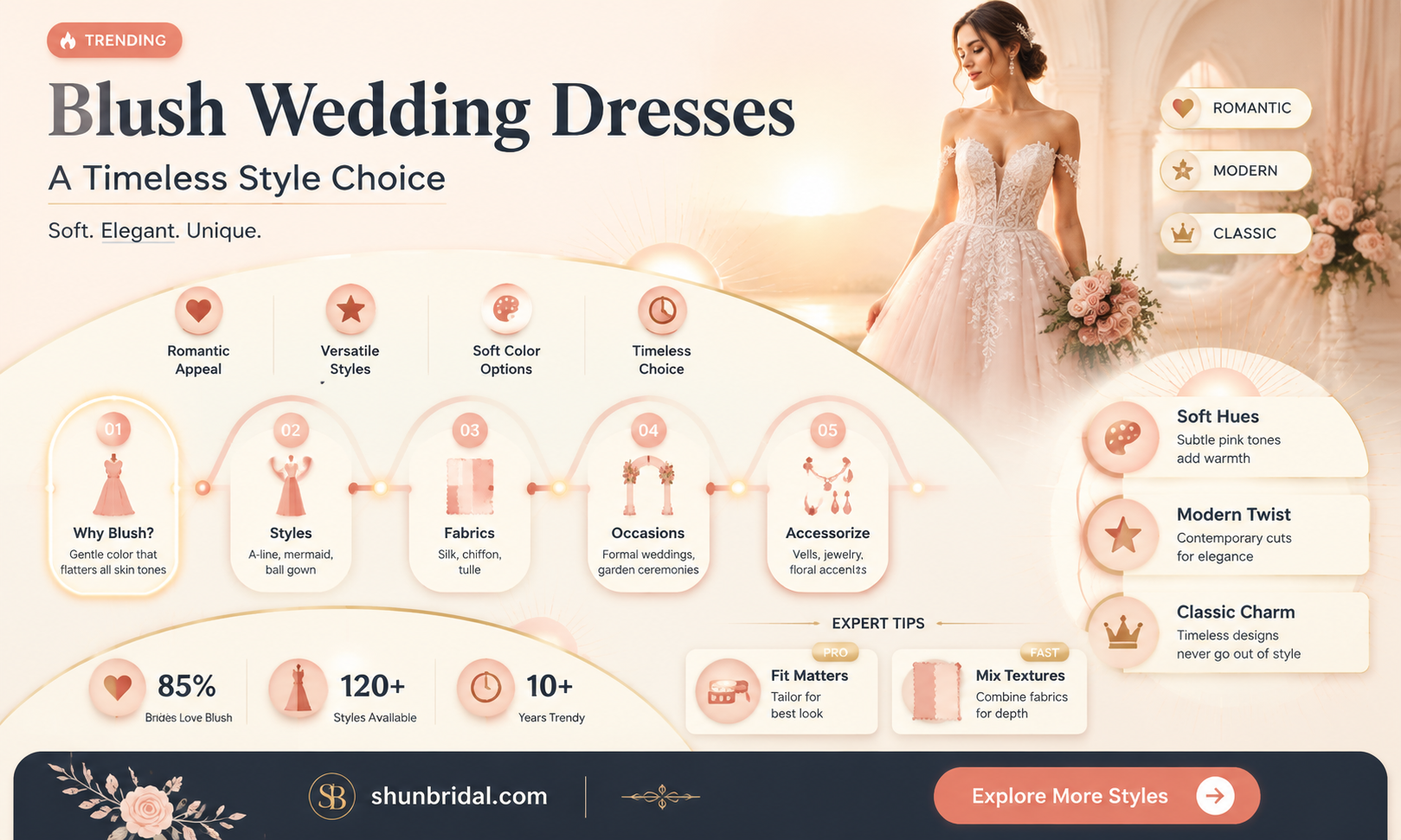are blush wedding dresses in style