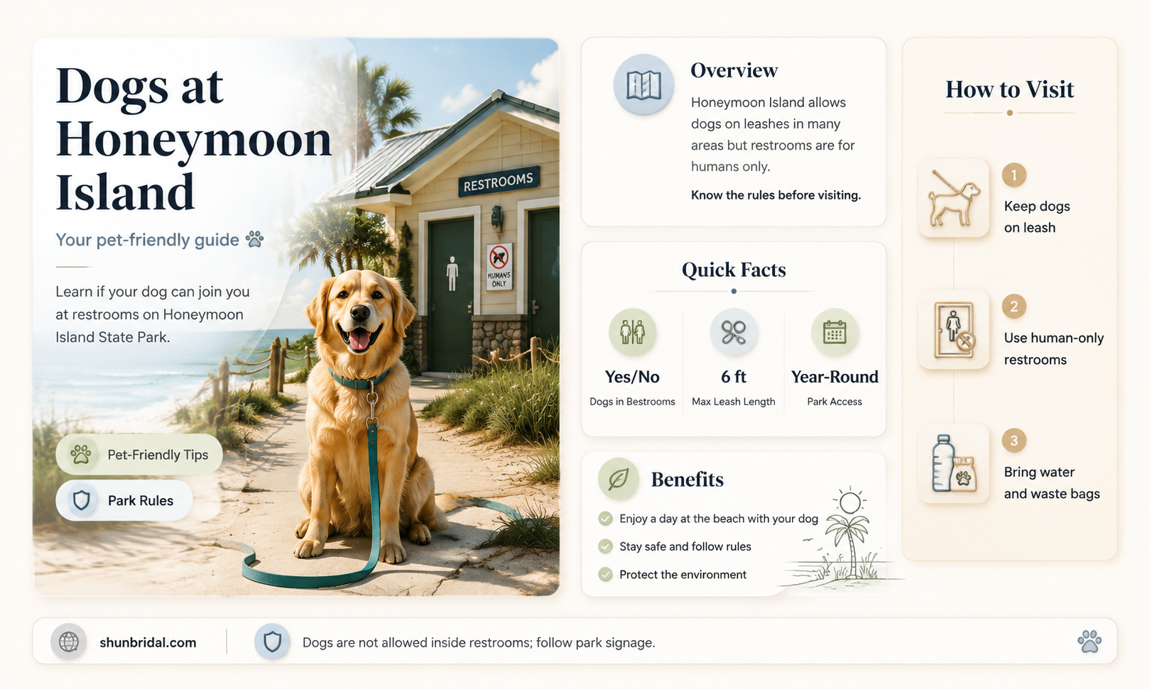 are dogs allowed near restrooms on honeymoon state park florida