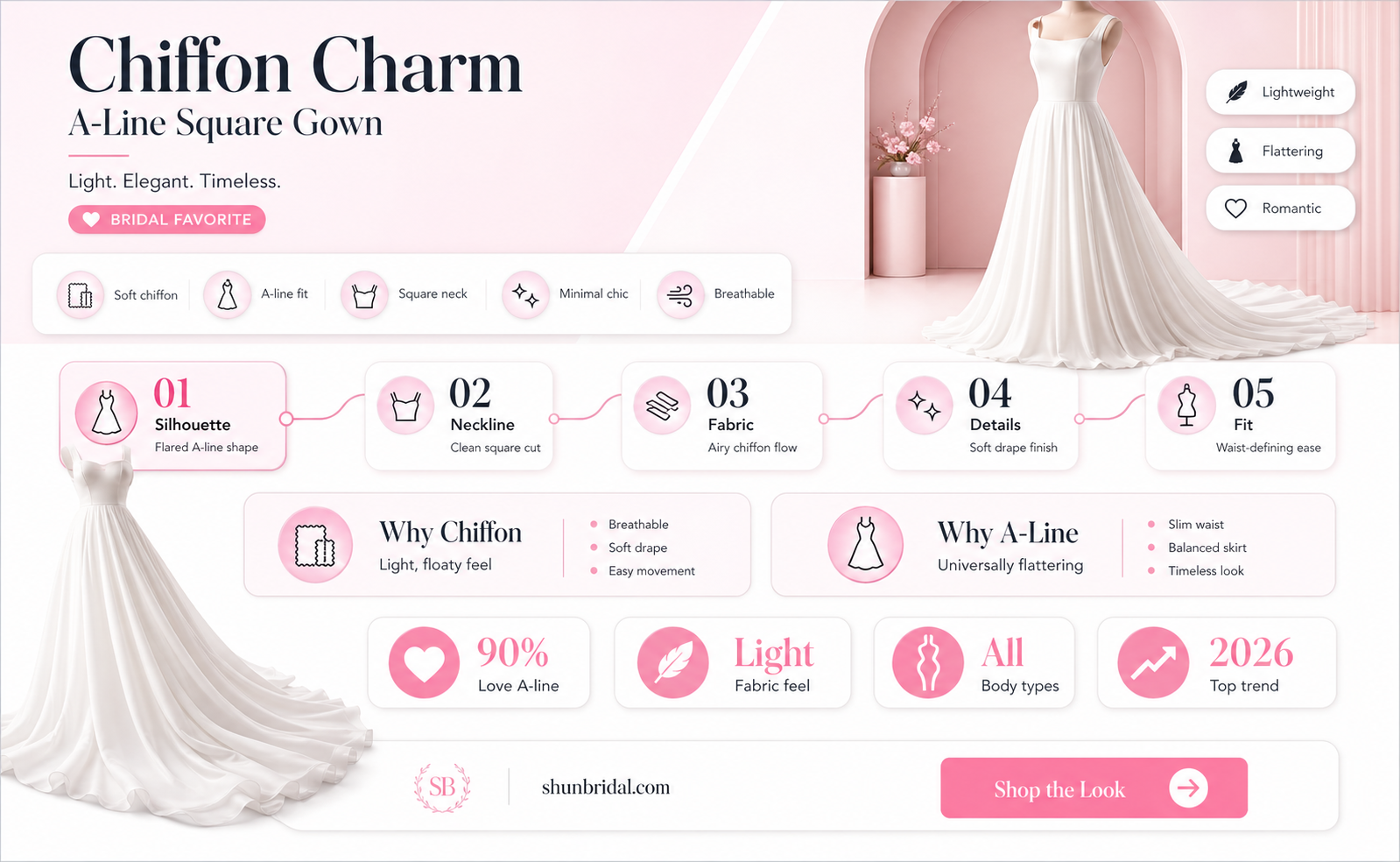 a-line square chiffon wedding dress