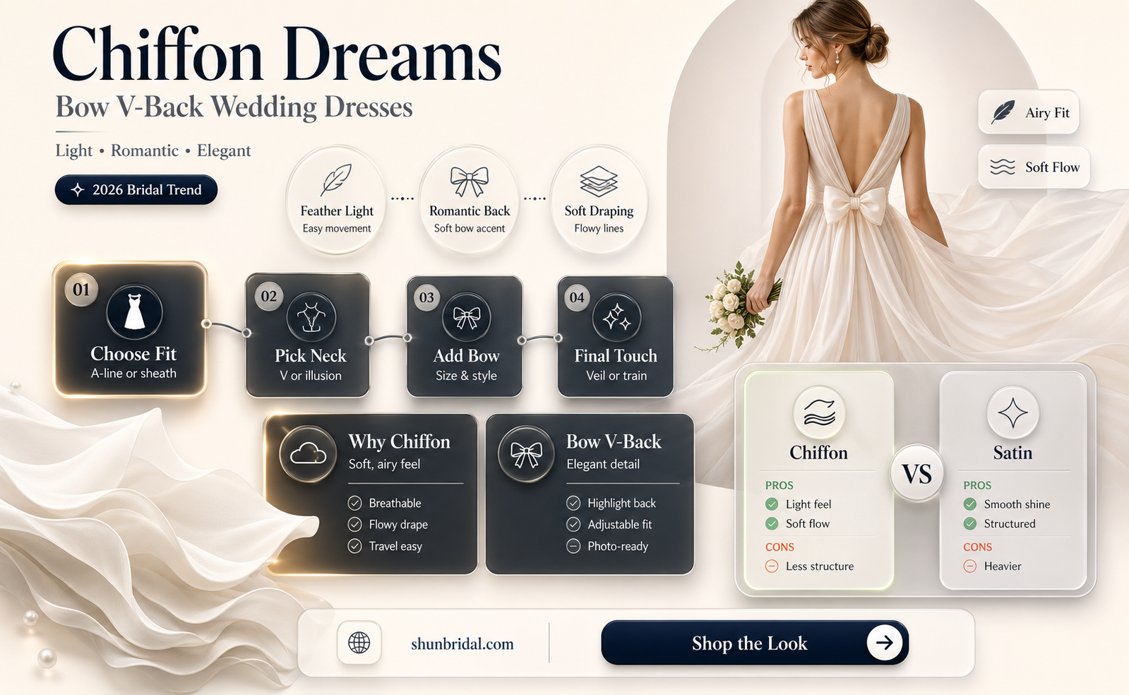 a-line chiffon dress bow v-back wedding