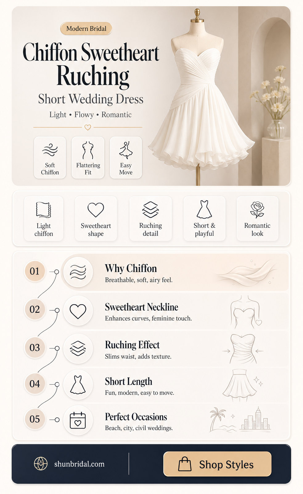 a-line chiffon sweetheart knee-length ruching white short wedding dresses