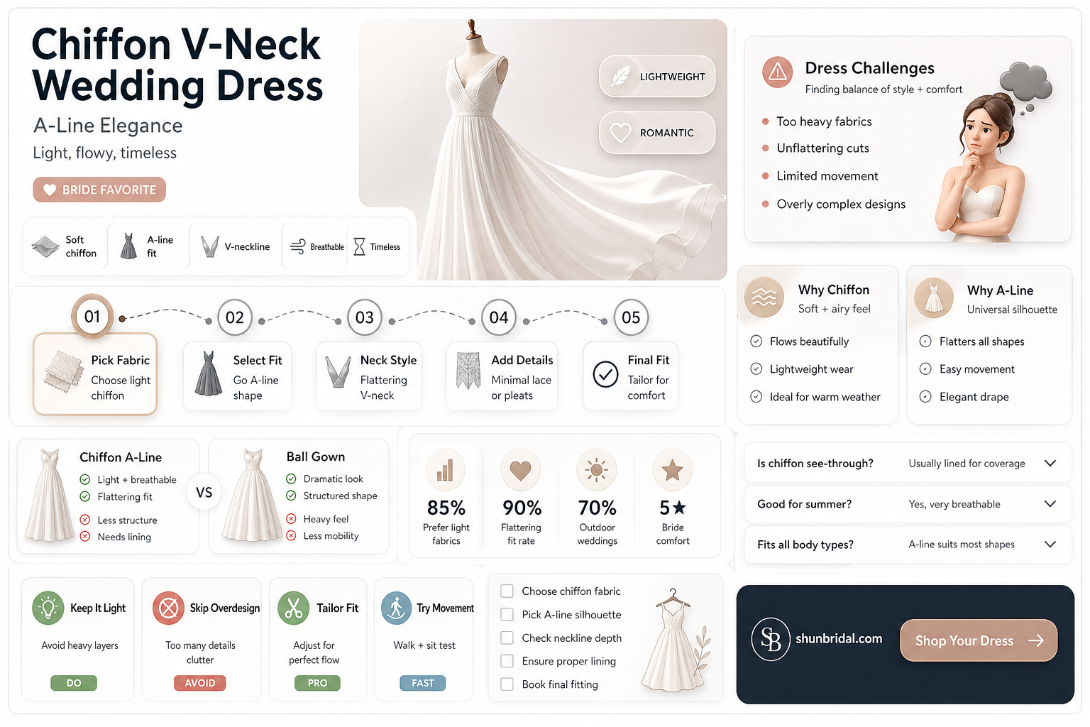 a-line chiffon v-neck long wedding dress