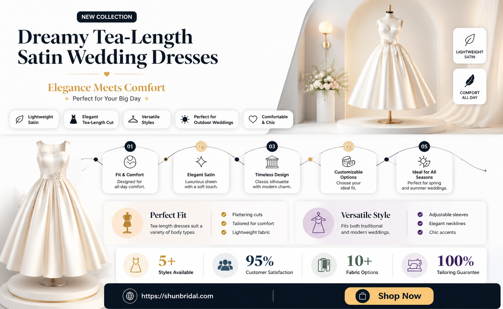 a-line princess off-the-shoulder tea-length satin wedding dress with beading