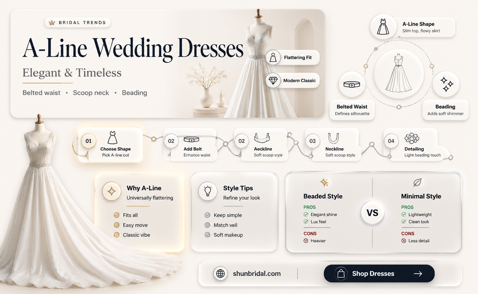 a-line wedding dress with belted waist scoop neckline sleeves beading