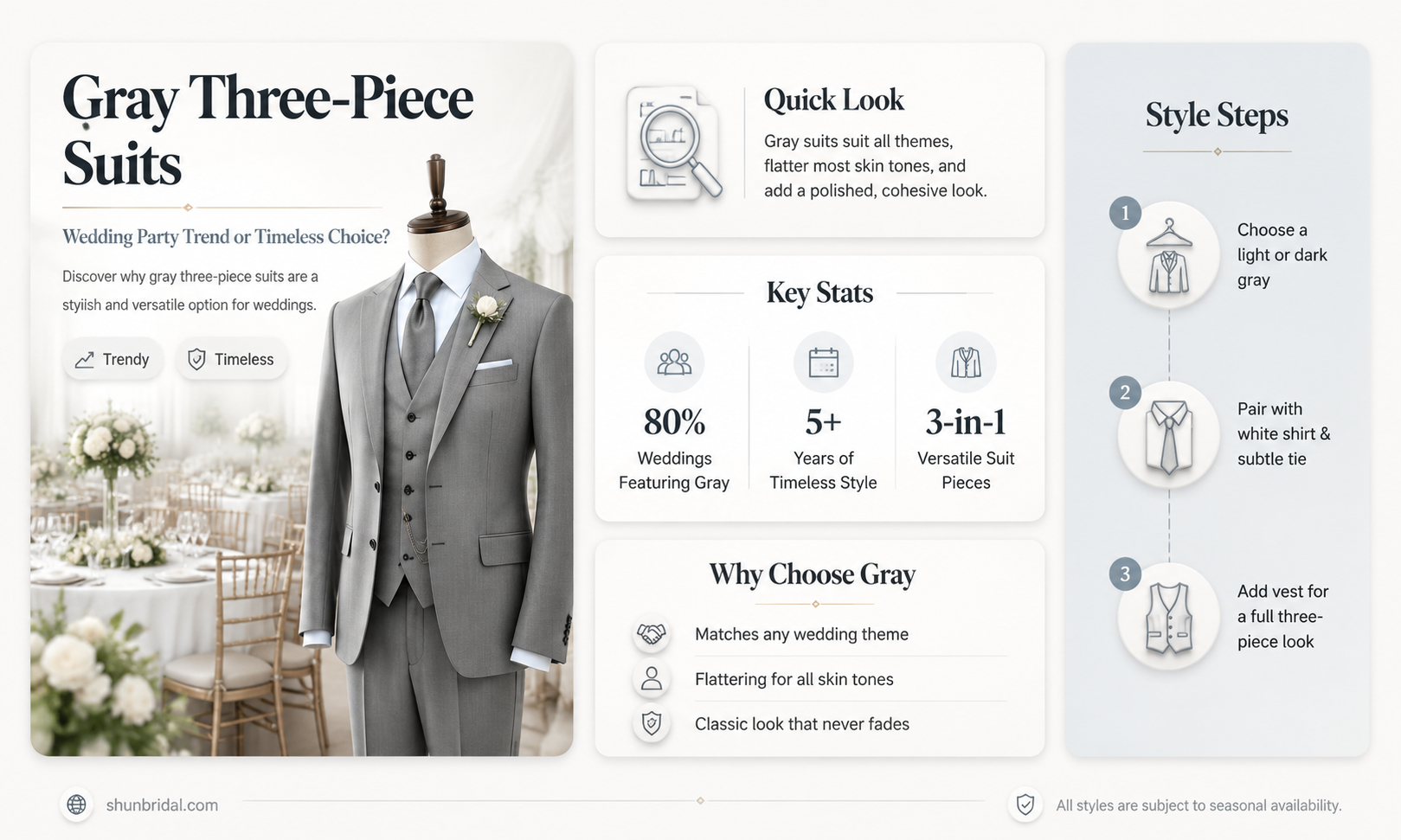 are gray three piece suits in for wedding parties