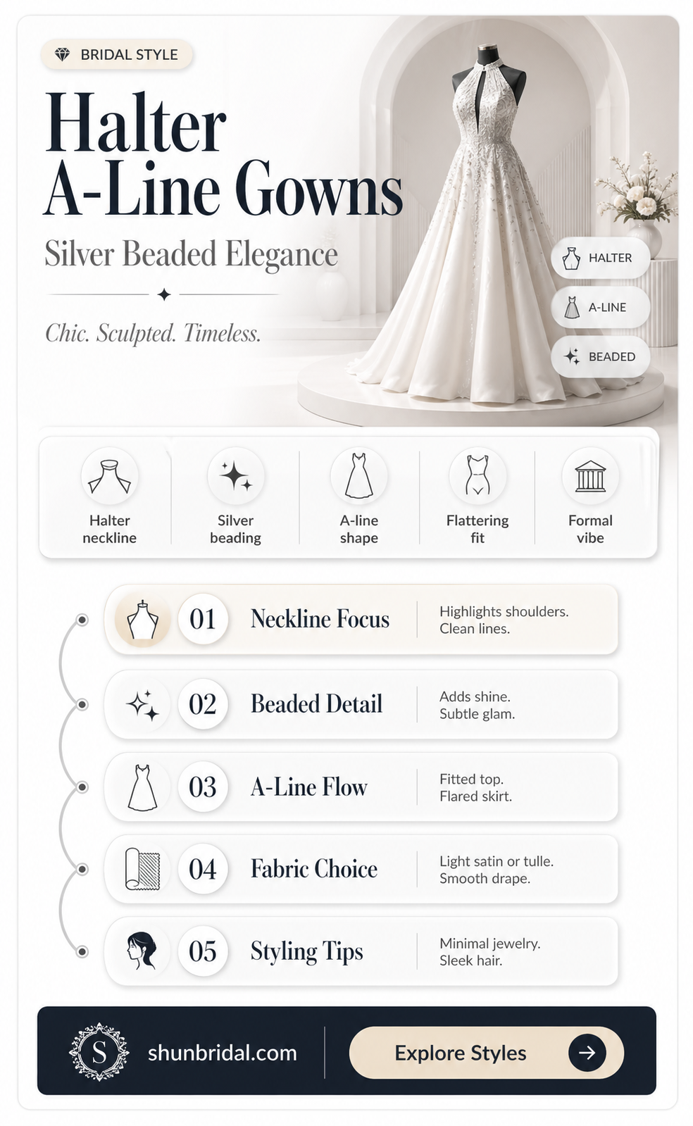 a-line halter wedding dress with silver beading