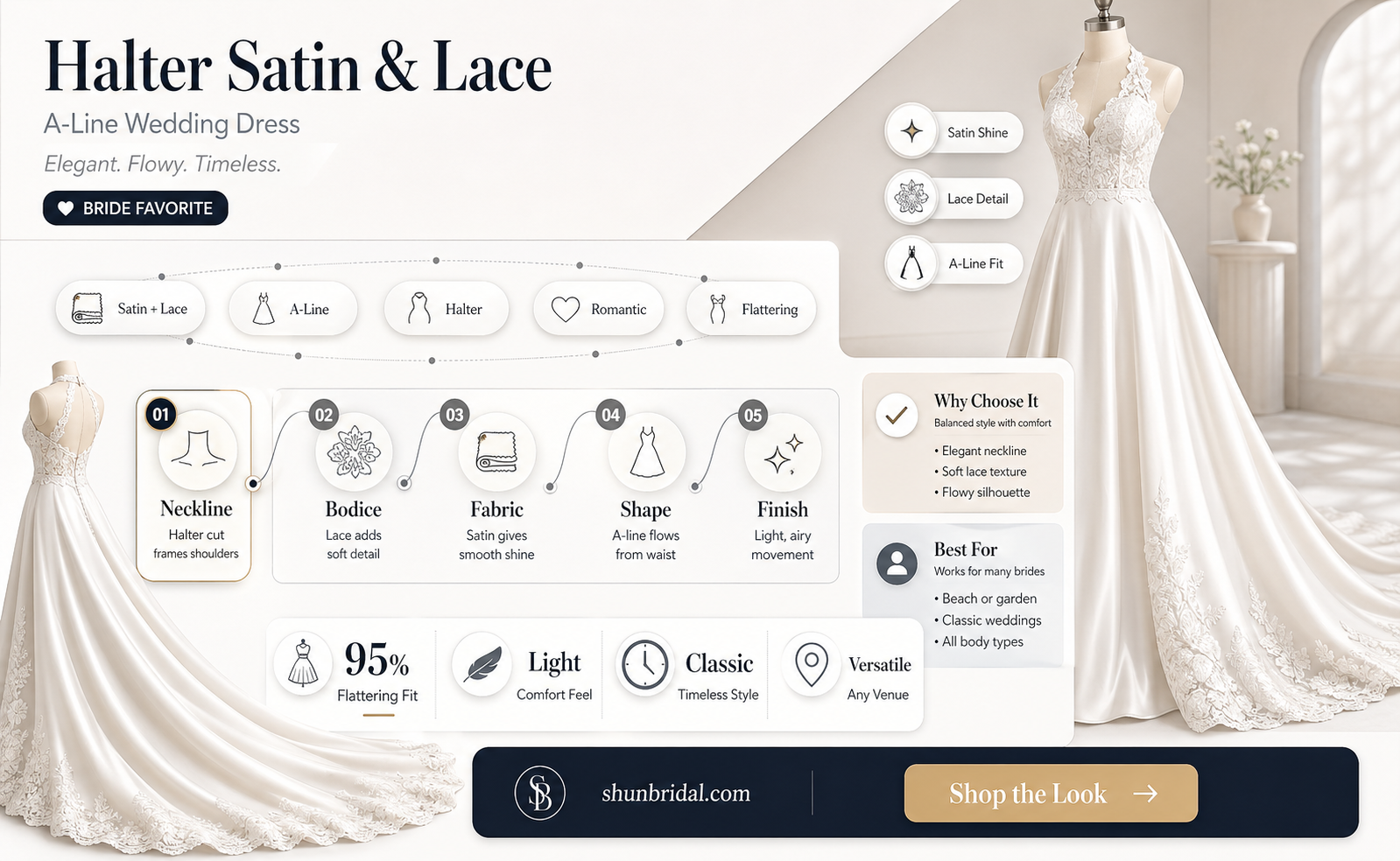 a-line halter satin lace wedding dresses
