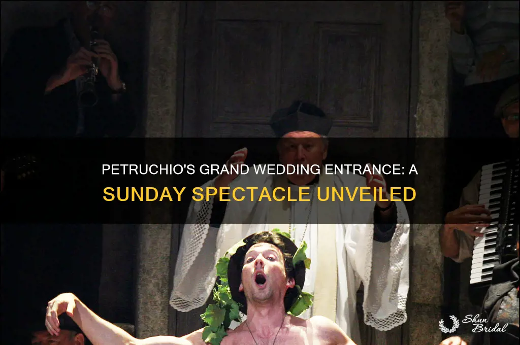 how does petruchio arrive to his wedding on sunday