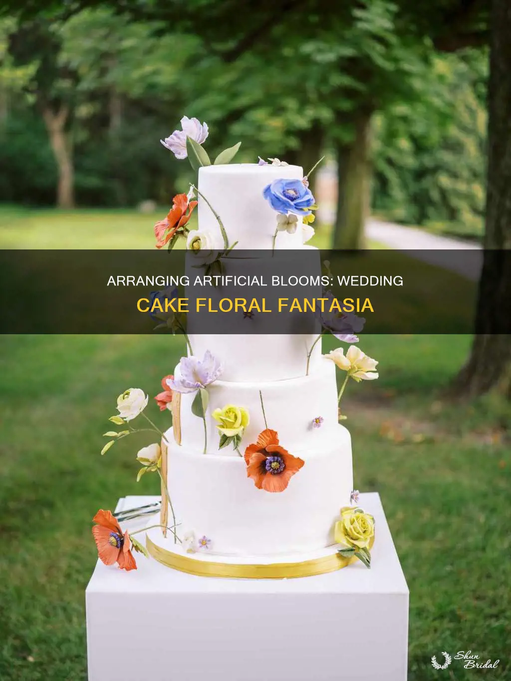 how to arrange fake flowers on a wedding cake