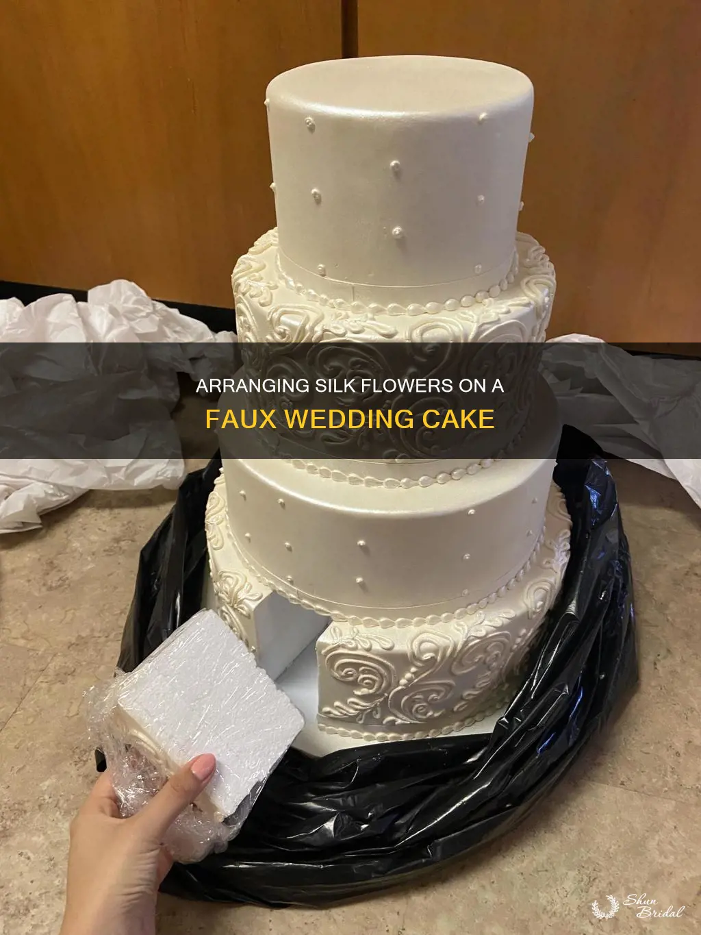 how to put silk flowers on a fake wedding cake