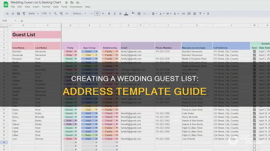 how to set up wedding guest list with address template