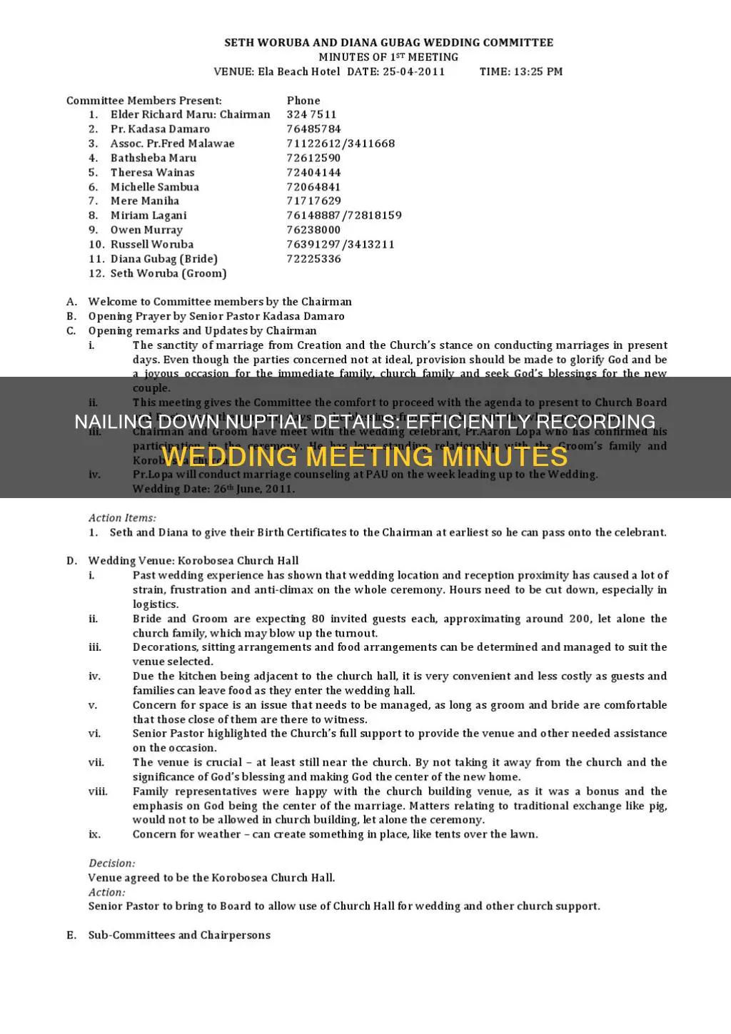 how to write wedding meeting minutes