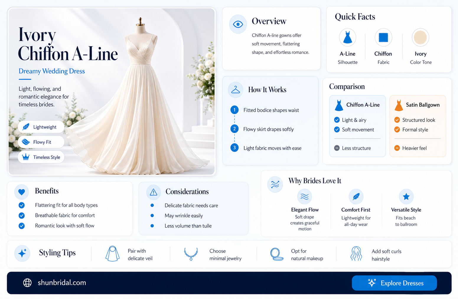 a-line skirt ivory chiffon wedding dress