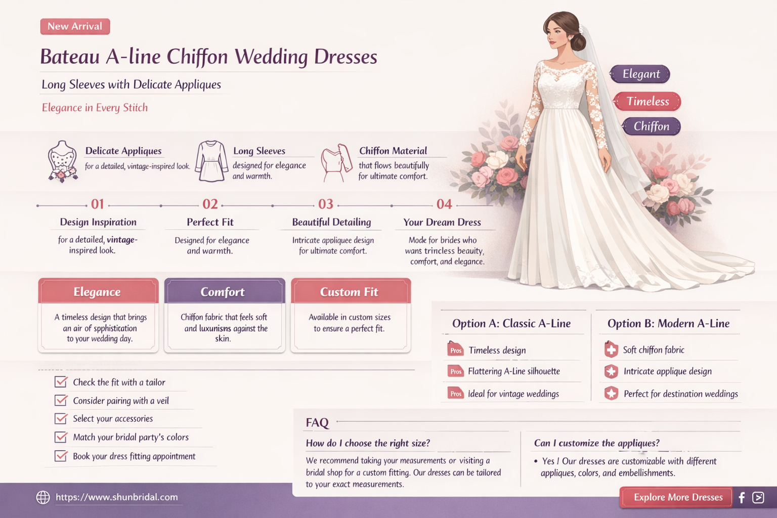 a-line bateau long sleeves chiffon wedding dress with appliques