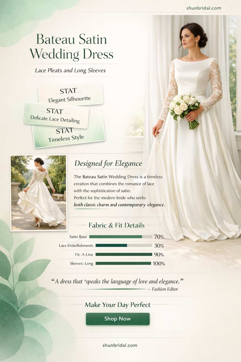 a-line bateau long sleeves satin wedding dress with lace pleats