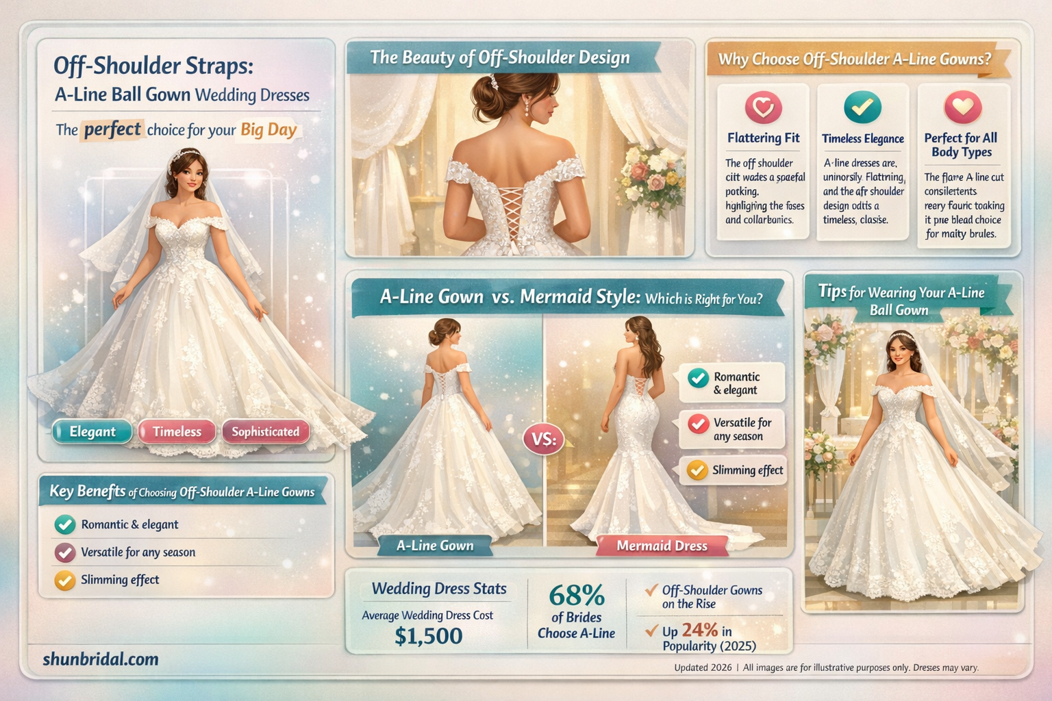 a-line ball gown wedding dress with off shoulder straps