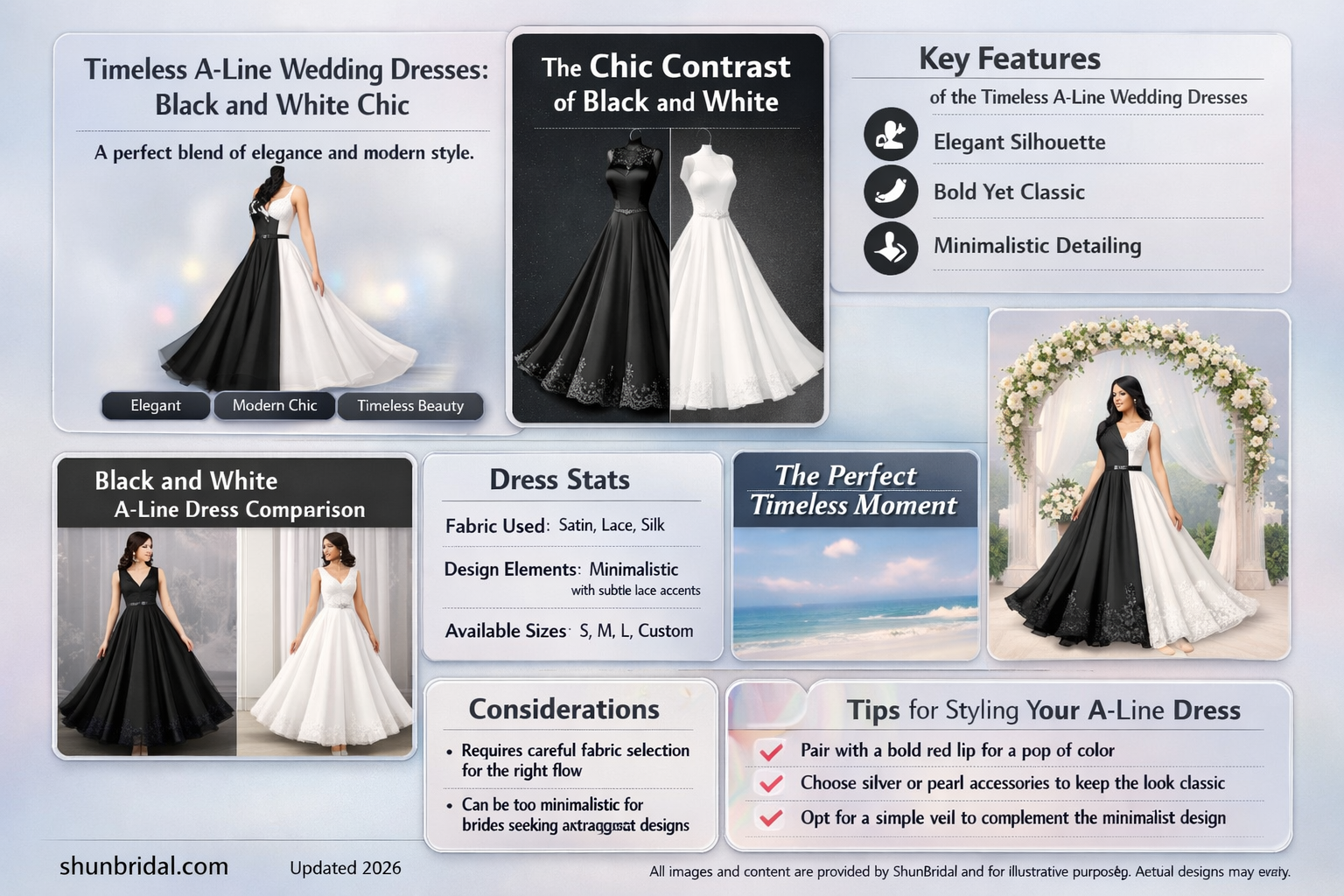 a-line black and white wedding dresses