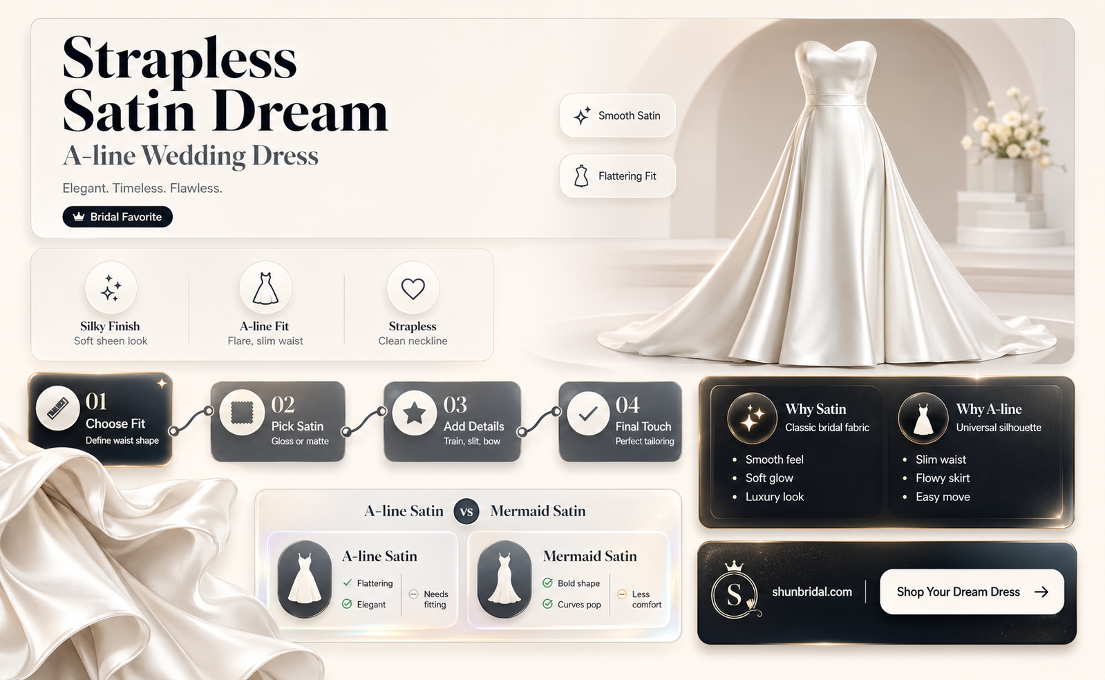 a-line strapless satin wedding dress