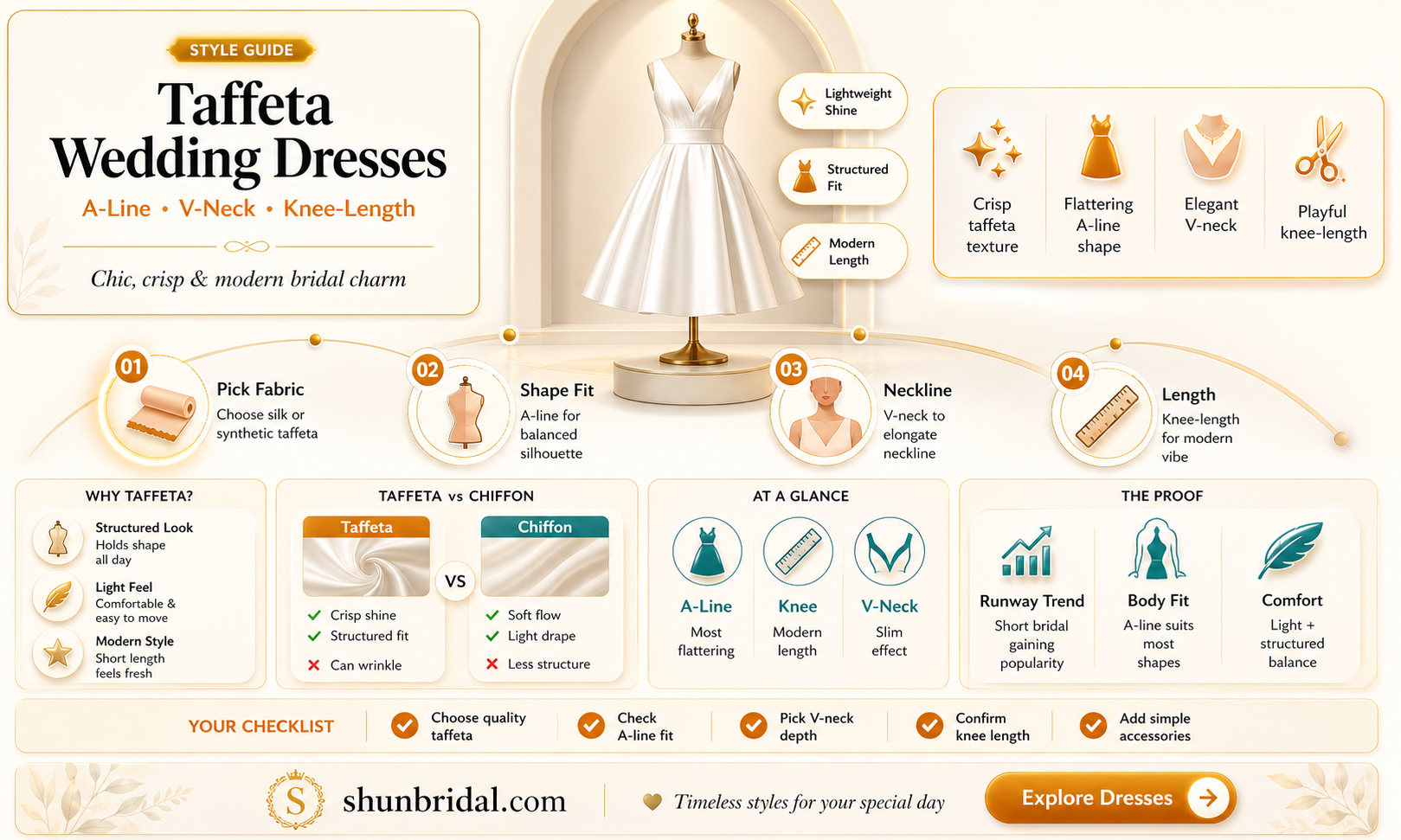 a-line v-neck knee-length taffeta wedding dress