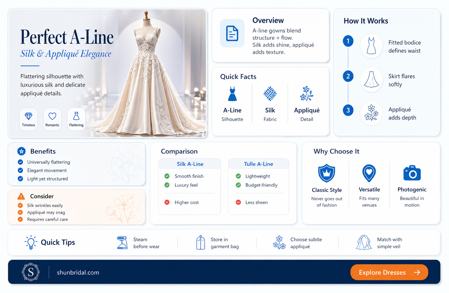a-line silk and aplique wedding dress