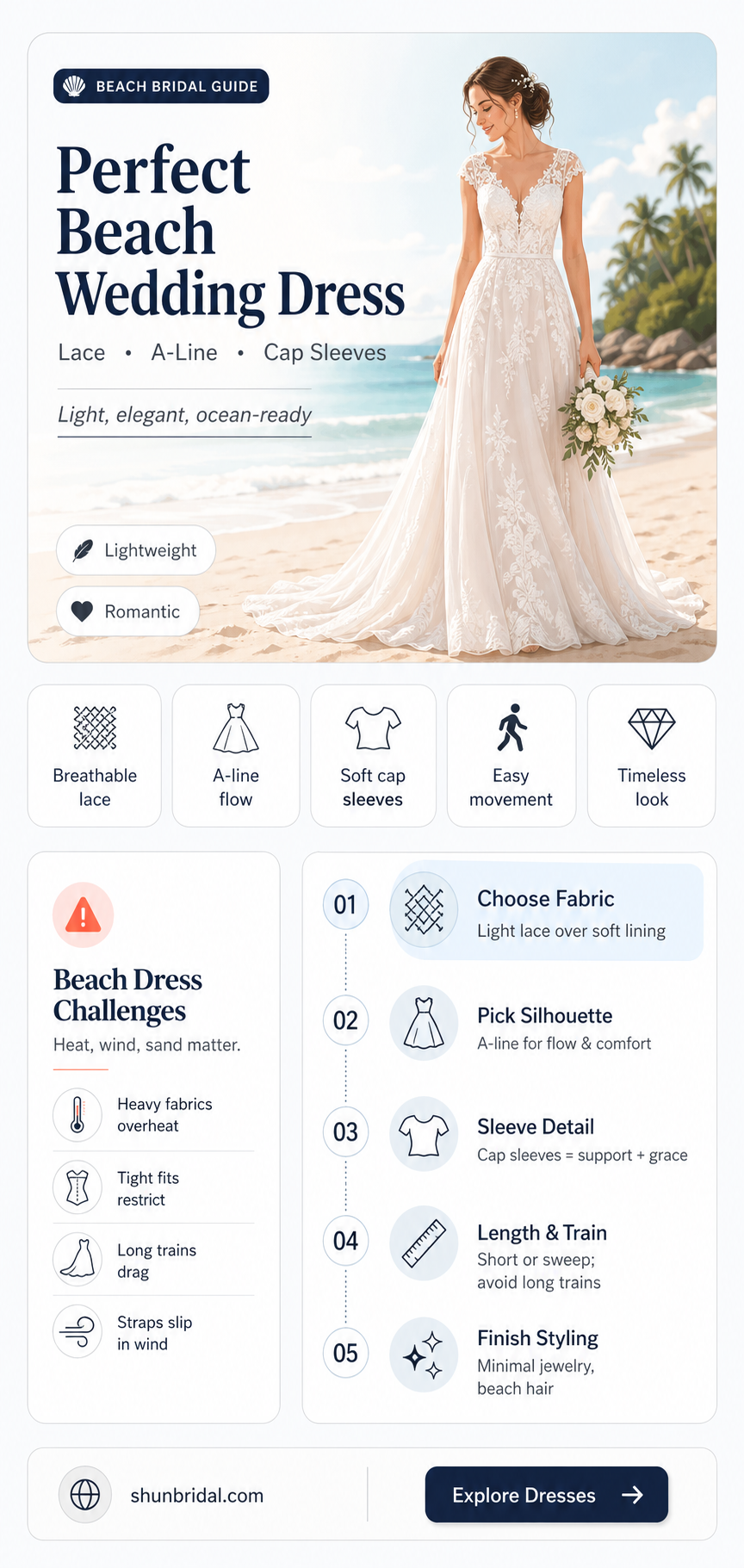 a-line lace bodice cap sleeve beach wedding dress