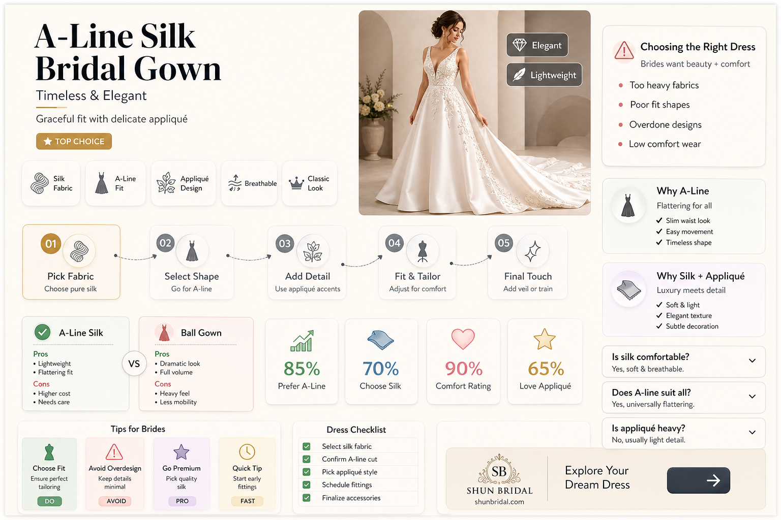 a-line silk and applique off the shoulder wedding dress